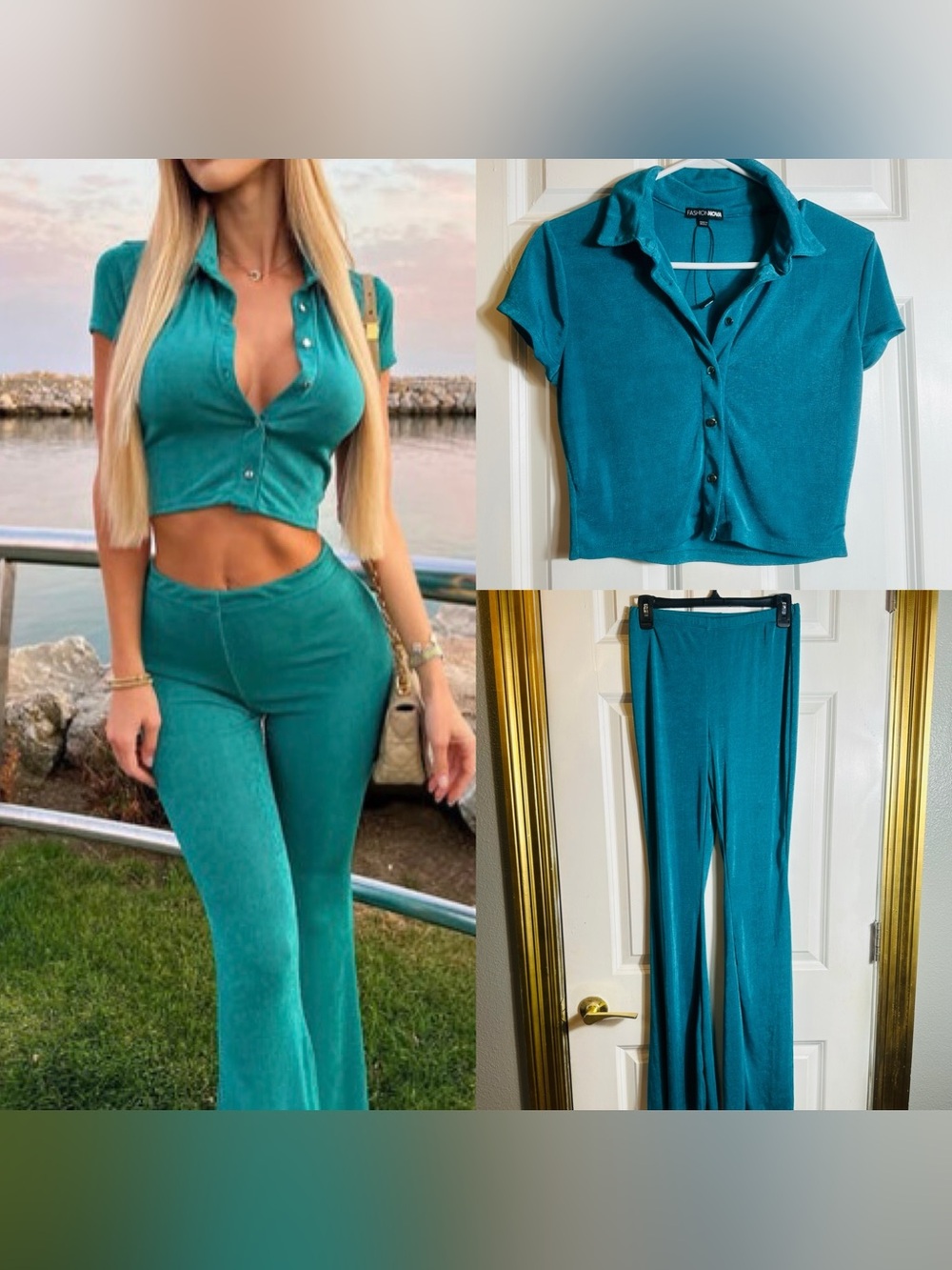Fashion Nova Teal Ribbed Button-Front Crop Top & Flare Pants Set